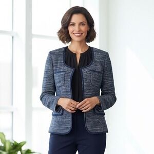 Banana Republic Tweed Blazer Jacket‎ Women 12 Blue White Metallic Silver Italian